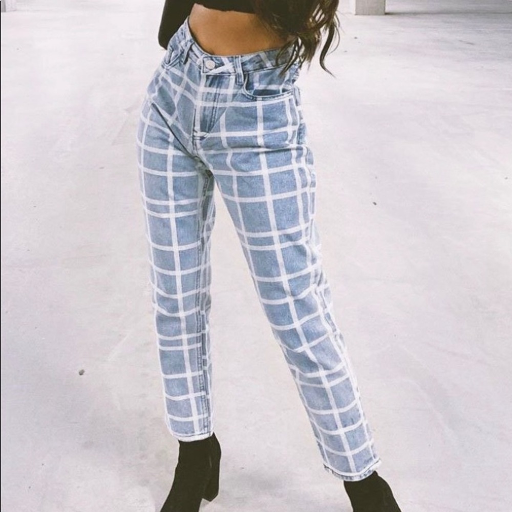 Bleach Wash Denim Check Print Mom Jeans